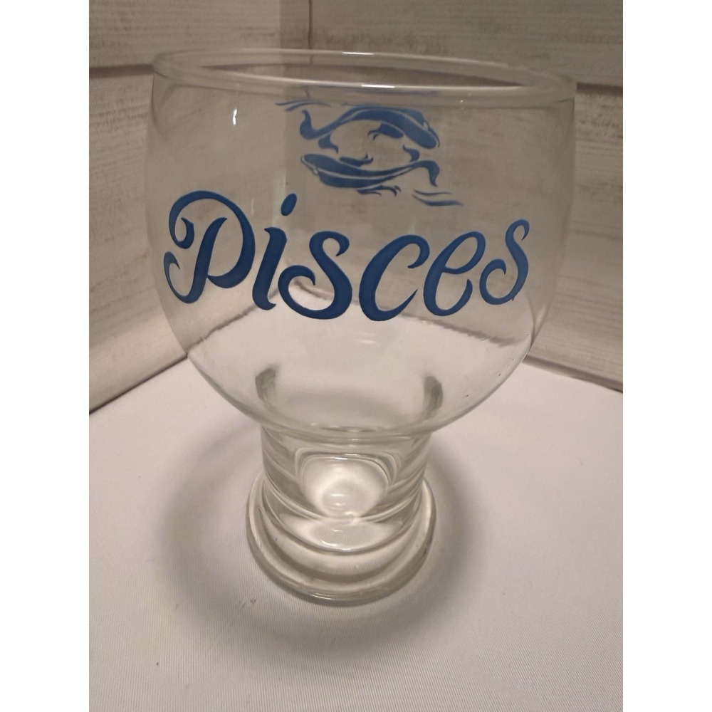 Vintage Pisces Zodiac Glass Goblet Blue Fish Astrology Pedestal Beer‎ Water Cup